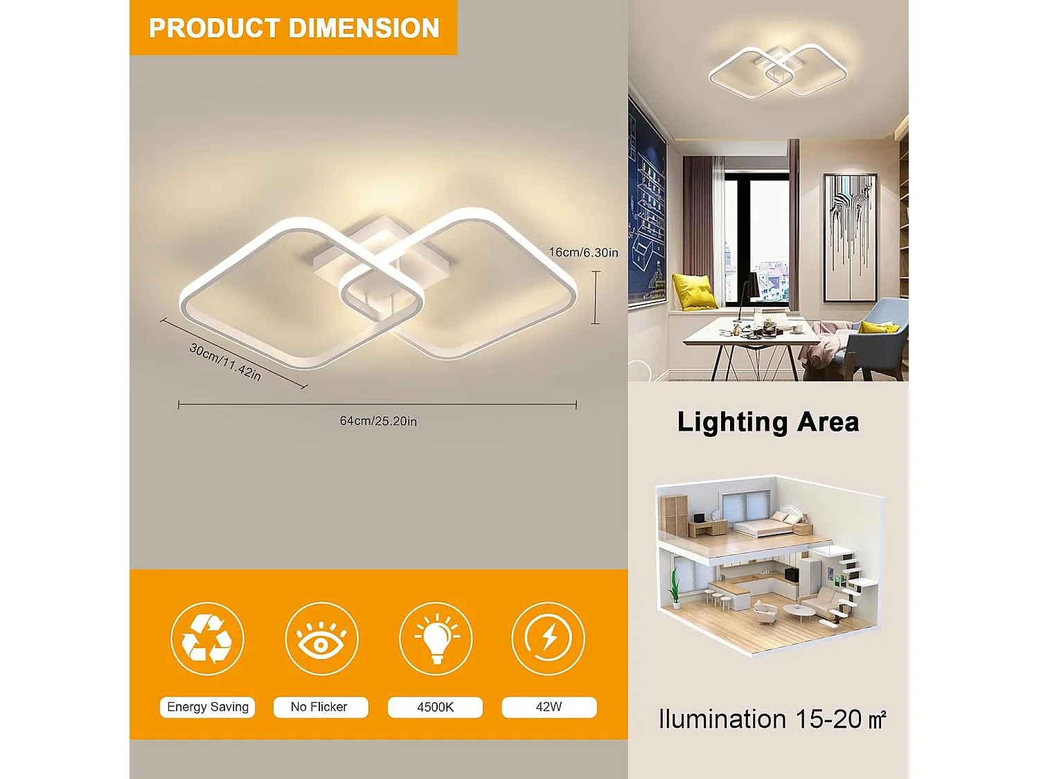 Plafonnier LED carré, 42W, 4725lm, design moderne, en acrylique blanc, pour salon, chambre, cuisine, studio, bureau, lumière neutre 4500K, 64cm