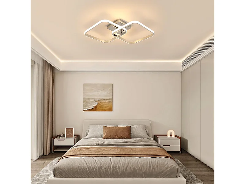 Plafonnier LED moderne 42 W 4 725 lm, couleur chaude 3 000 K, carré 64 cm en aluminium chromé pour salon, chambre et cuisine