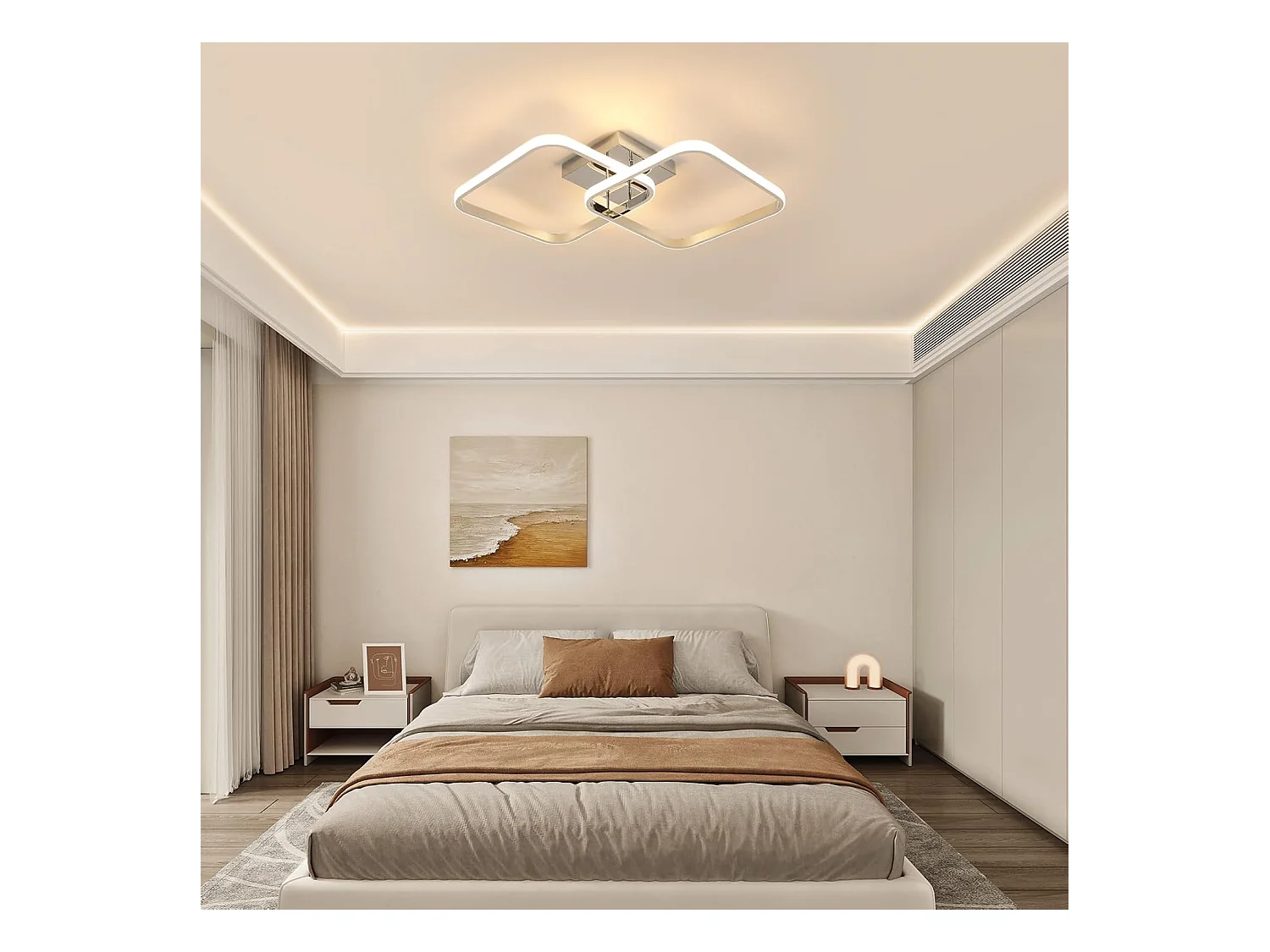 Plafonnier LED moderne 42 W 4 725 lm, couleur chaude 3 000 K, carré 64 cm en aluminium chromé pour salon, chambre et cuisine