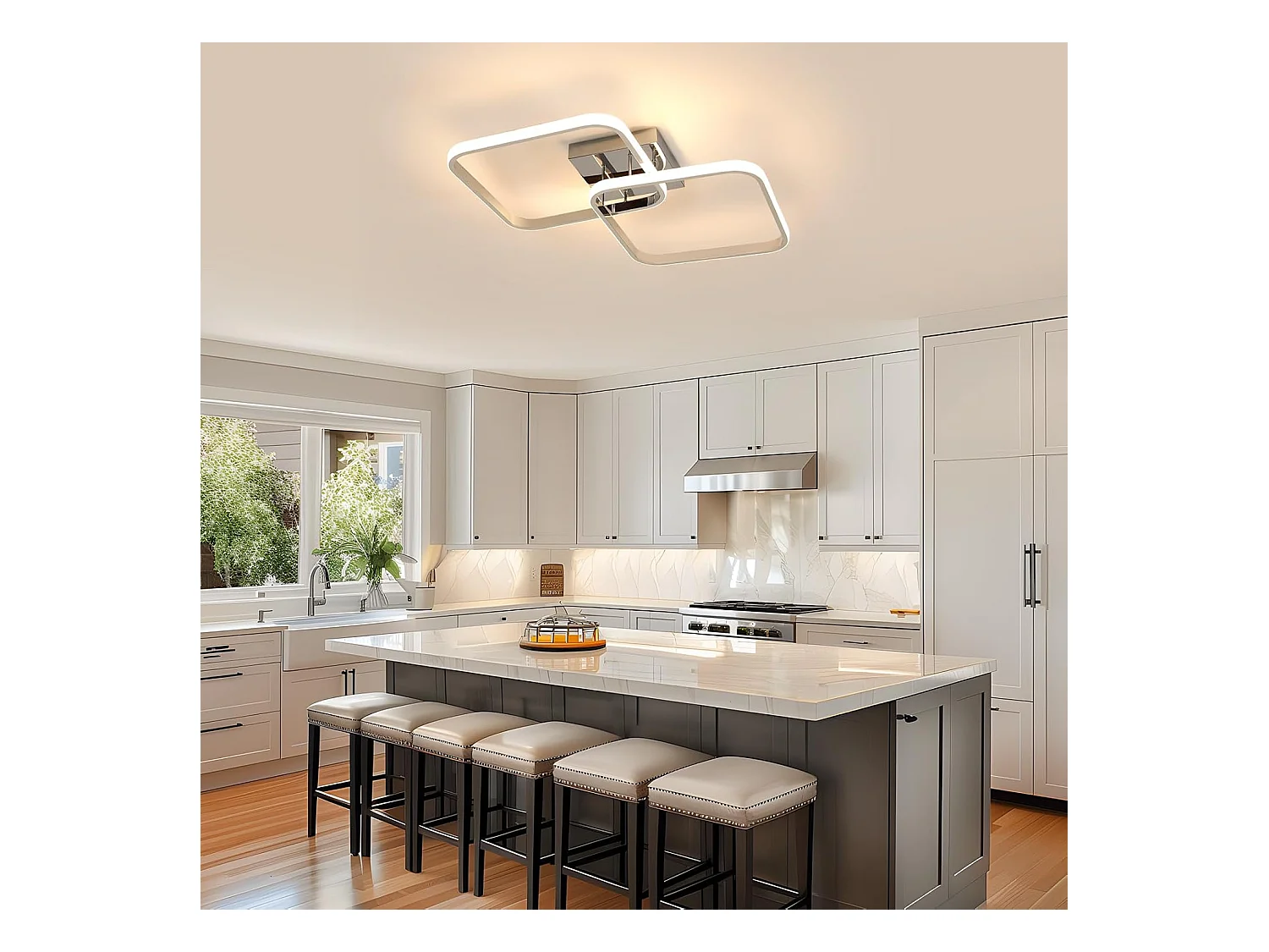 Plafonnier LED moderne 42 W 4 725 lm, couleur chaude 3 000 K, carré 64 cm en aluminium chromé pour salon, chambre et cuisine
