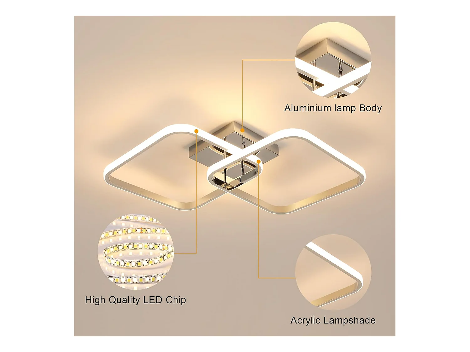Plafonnier LED moderne 42 W 4 725 lm, couleur chaude 3 000 K, carré 64 cm en aluminium chromé pour salon, chambre et cuisine