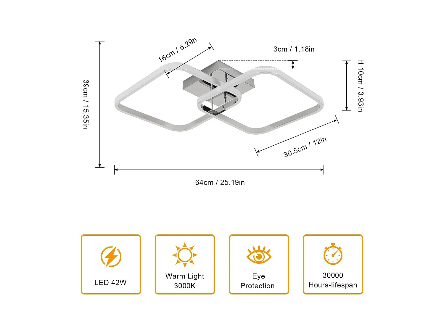 Plafonnier LED moderne 42 W 4 725 lm, couleur chaude 3 000 K, carré 64 cm en aluminium chromé pour salon, chambre et cuisine