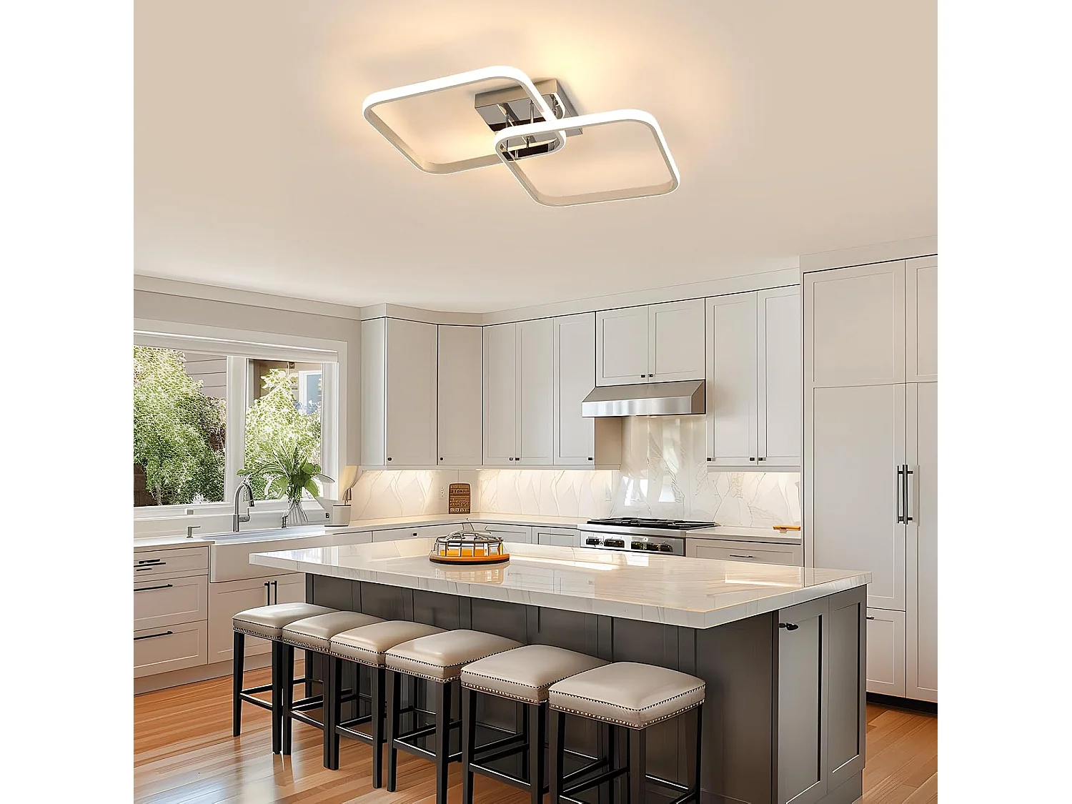 Plafonnier LED moderne 42 W 4 725 lm, couleur chaude 3 000 K, carré 64 cm en aluminium chromé pour salon, chambre et cuisine