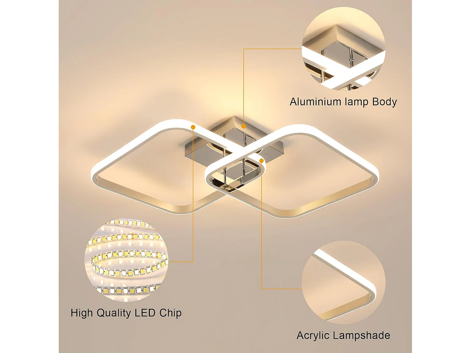 Plafonnier LED moderne 42 W 4 725 lm, couleur chaude 3 000 K, carré 64 cm en aluminium chromé pour salon, chambre et cuisine