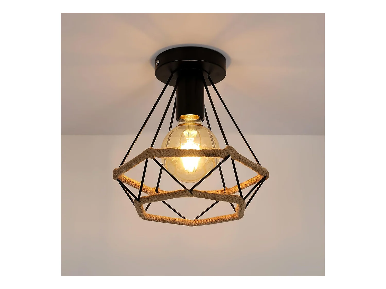 Plafonnier industriel rétro en métal avec cage, abat-jour en corde de chanvre, idéal pour une chambre, un café, un bar, un restaurant ou une cuisine