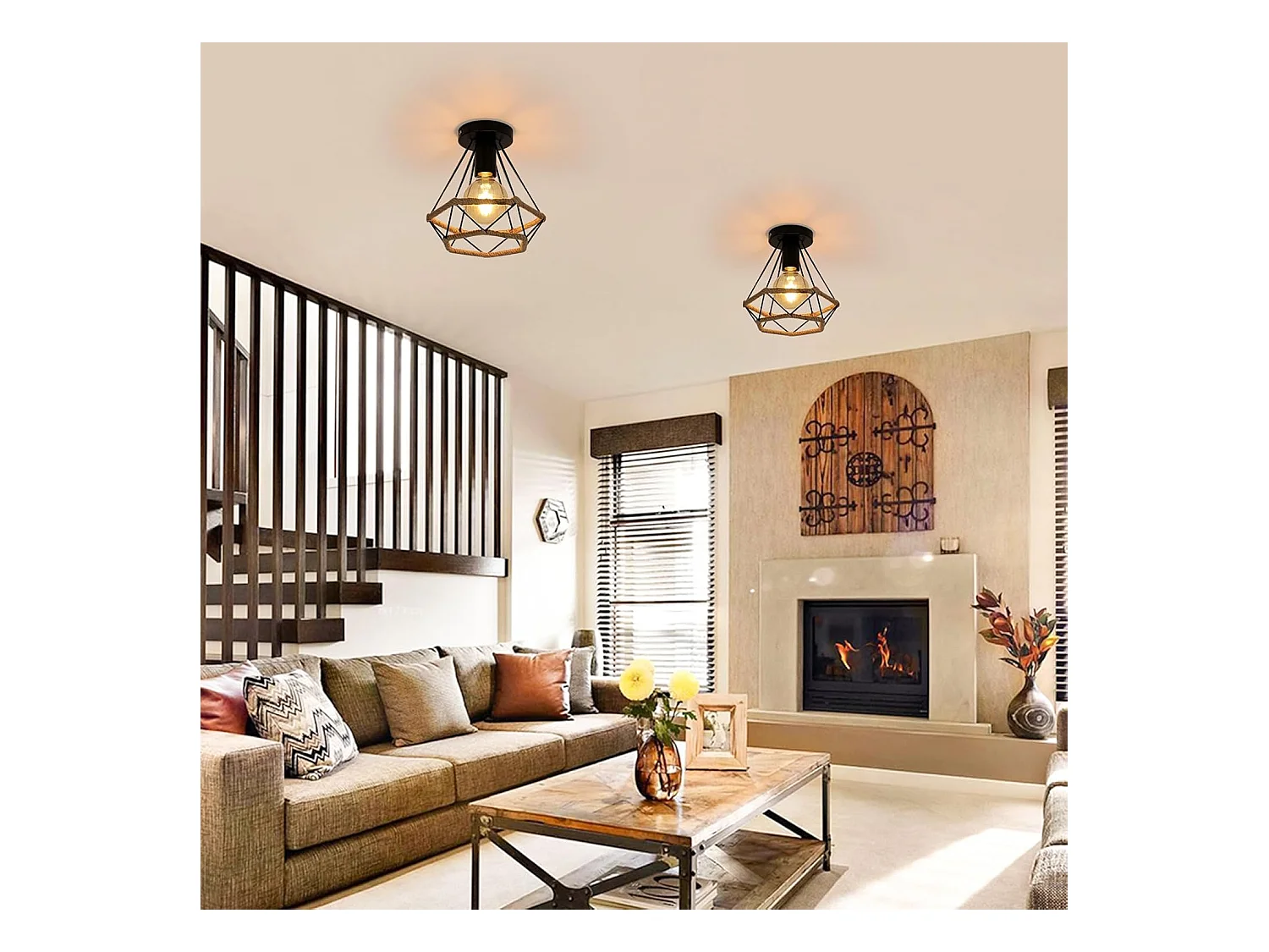 Plafonnier industriel rétro en métal avec cage, abat-jour en corde de chanvre, idéal pour une chambre, un café, un bar, un restaurant ou une cuisine