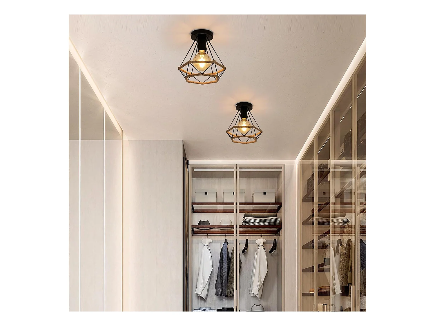 Plafonnier industriel rétro en métal avec cage, abat-jour en corde de chanvre, idéal pour une chambre, un café, un bar, un restaurant ou une cuisine