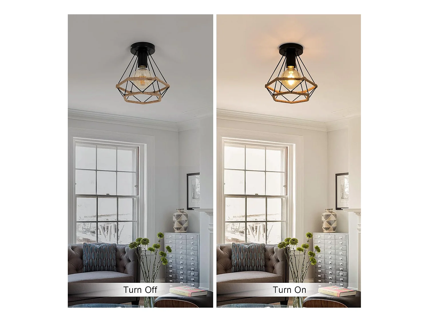 Plafonnier industriel rétro en métal avec cage, abat-jour en corde de chanvre, idéal pour une chambre, un café, un bar, un restaurant ou une cuisine