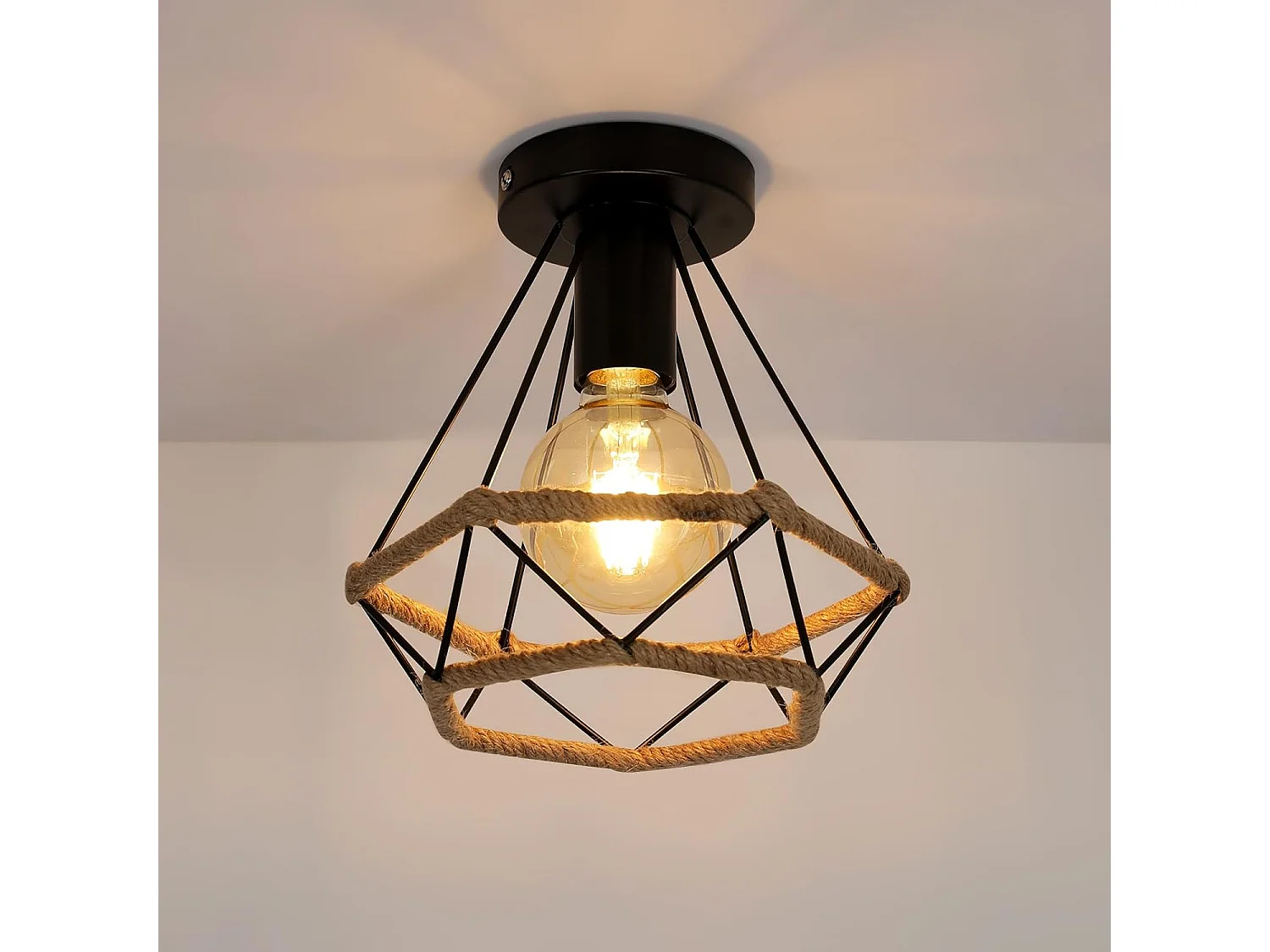 Plafonnier industriel rétro en métal avec cage, abat-jour en corde de chanvre, idéal pour une chambre, un café, un bar, un restaurant ou une cuisine