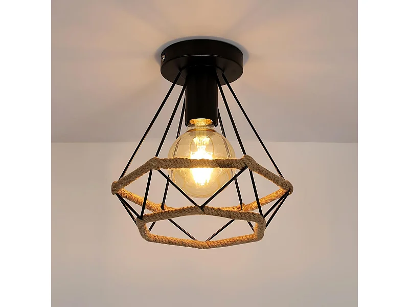 Plafonnier industriel rétro en métal avec cage, abat-jour en corde de chanvre, idéal pour une chambre, un café, un bar, un restaurant ou une cuisine