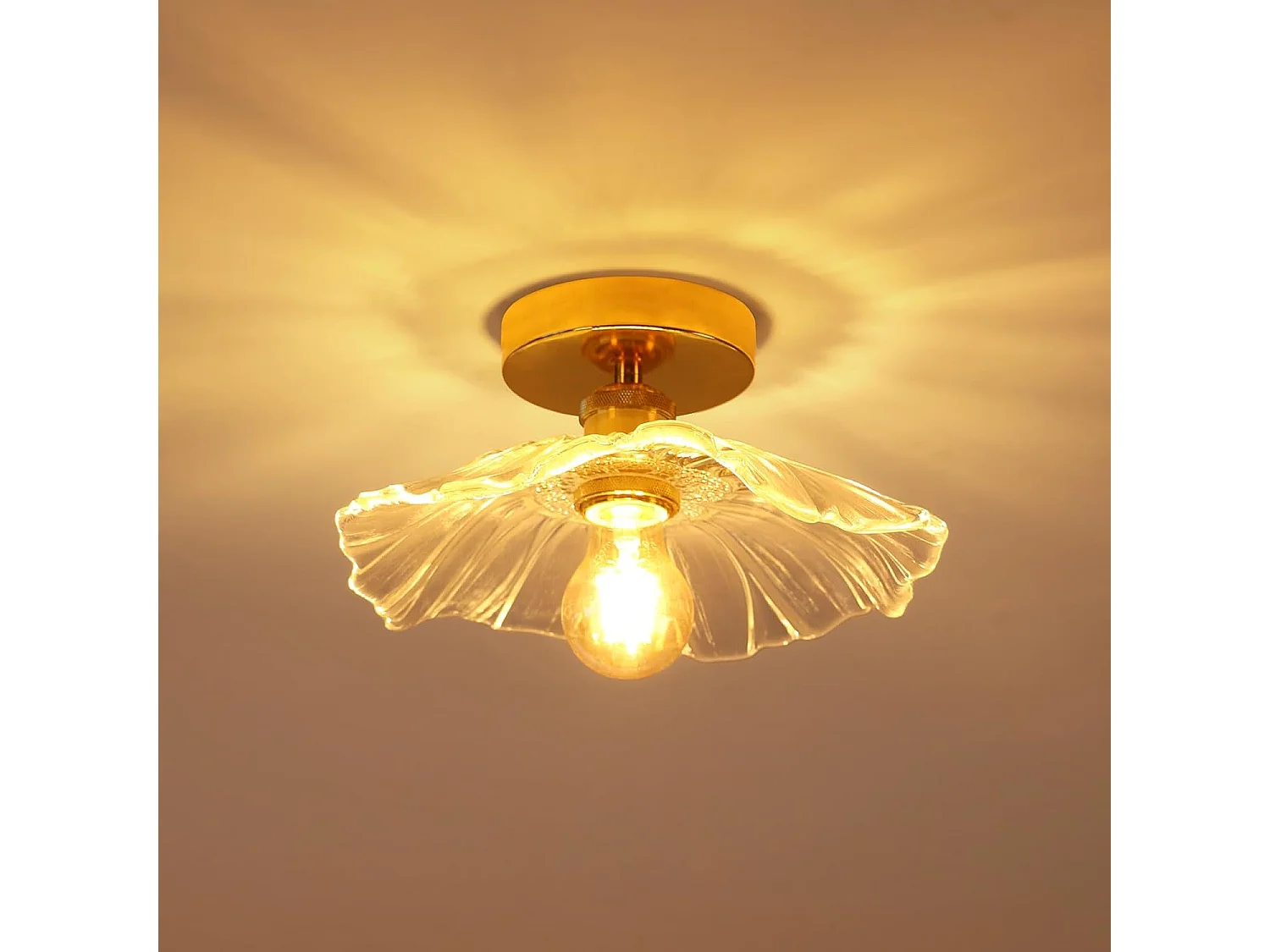 Plafonnier pour couloir, plafonnier en verre doré E27 en forme de fleur, petit plafonnier en verre transparent, diamètre 28 cm, sans ampoule