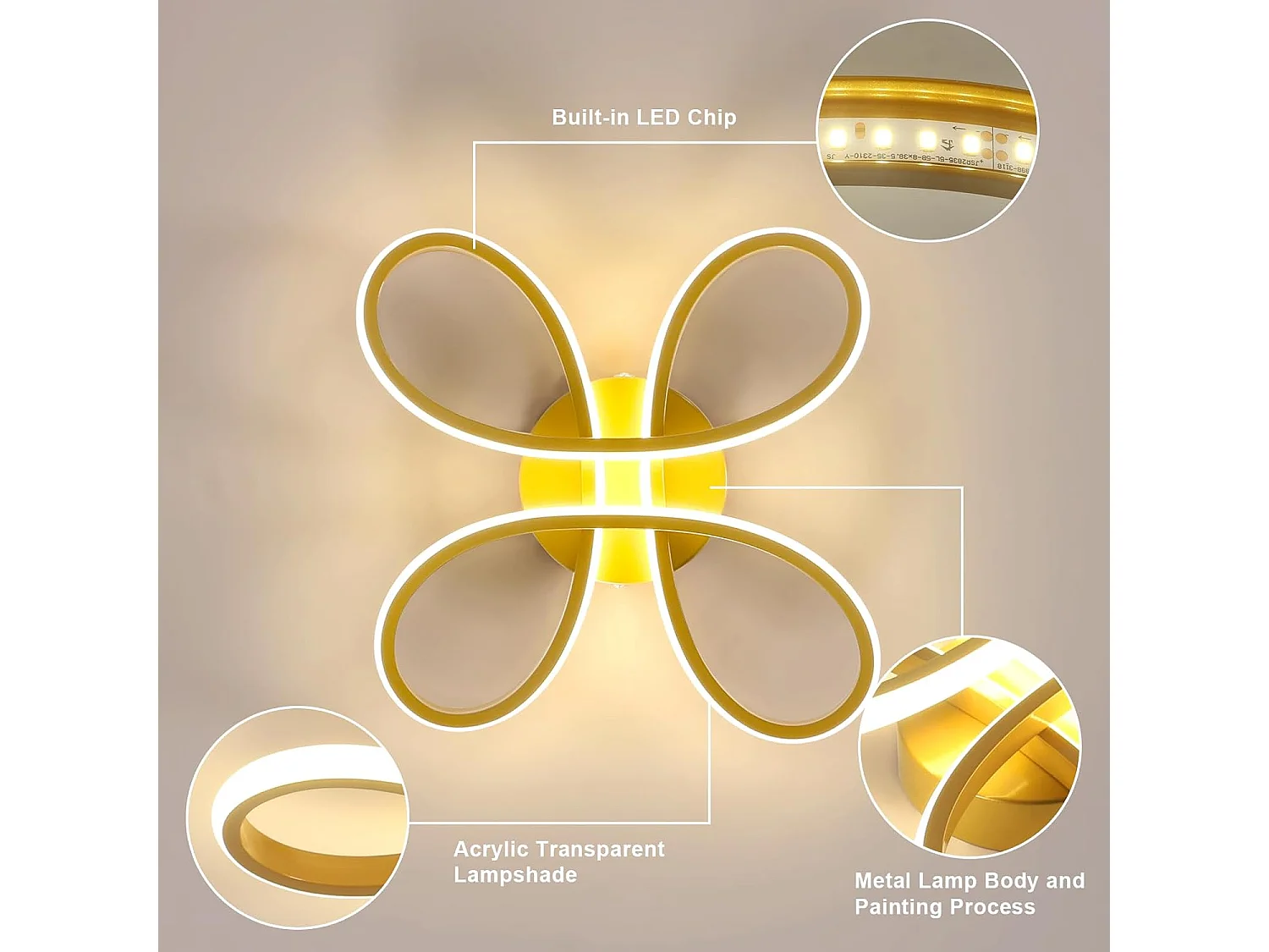 Plafonnier LED moderne, 30 W, 3 375 lm, idéal pour une chambre, un salon, une salle à manger ou une cuisine, lumière chaude 3 000 K, 30 cm, doré