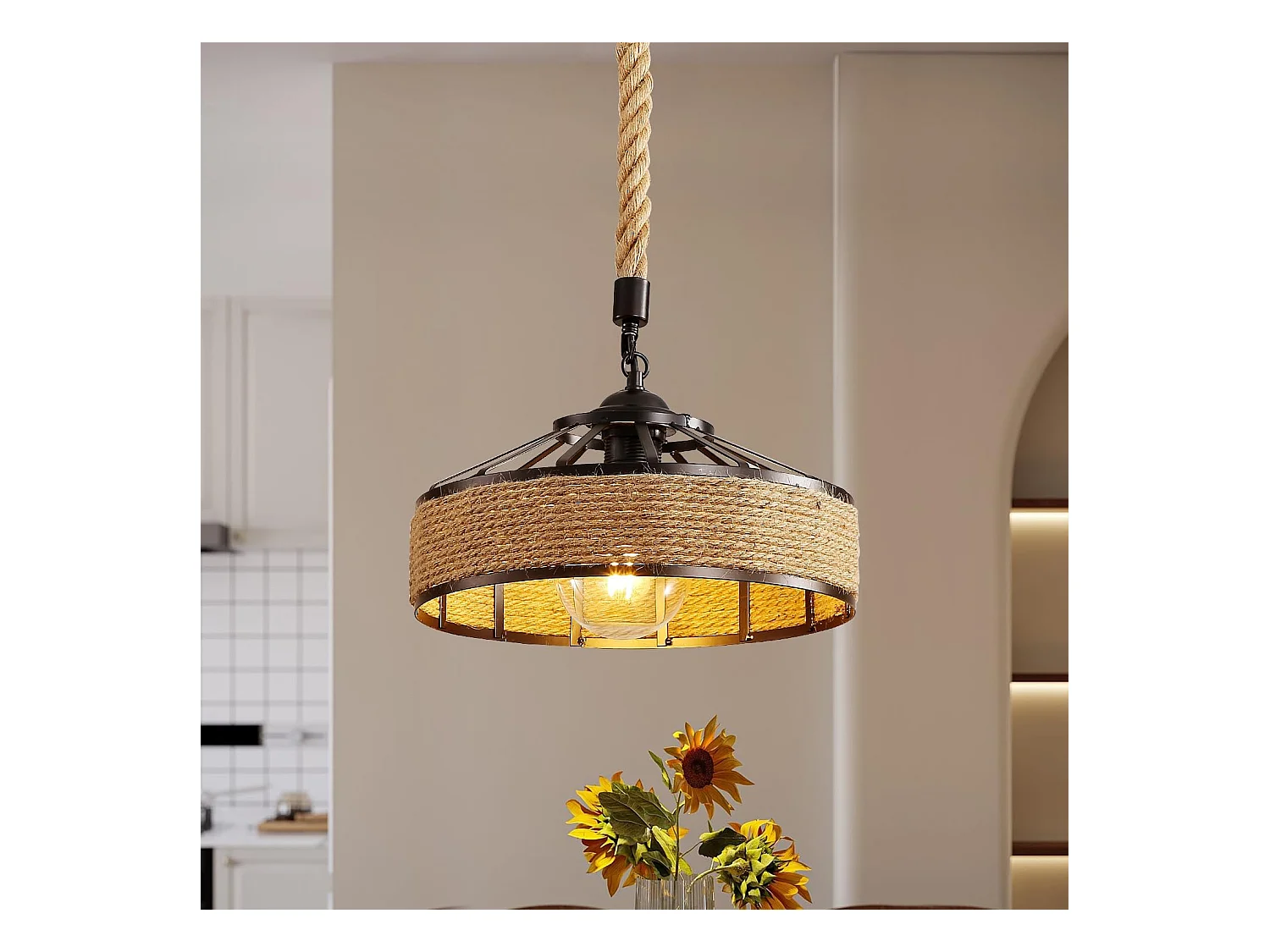 Lustre en rotin, lustre style industriel E27, plafonnier en corde de chanvre, plafonnier en métal, lustre de salon rétro, lustre de chambre (30 cm)