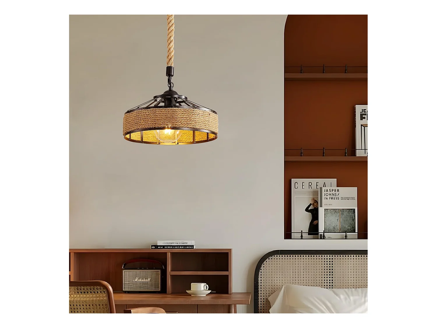 Lustre en rotin, lustre style industriel E27, plafonnier en corde de chanvre, plafonnier en métal, lustre de salon rétro, lustre de chambre (30 cm)