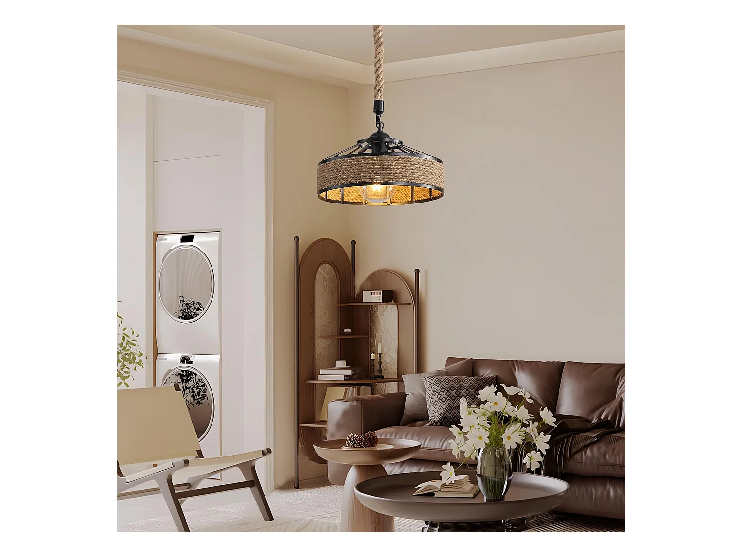 Lustre en rotin, lustre style industriel E27, plafonnier en corde de chanvre, plafonnier en métal, lustre de salon rétro, lustre de chambre (30 cm)