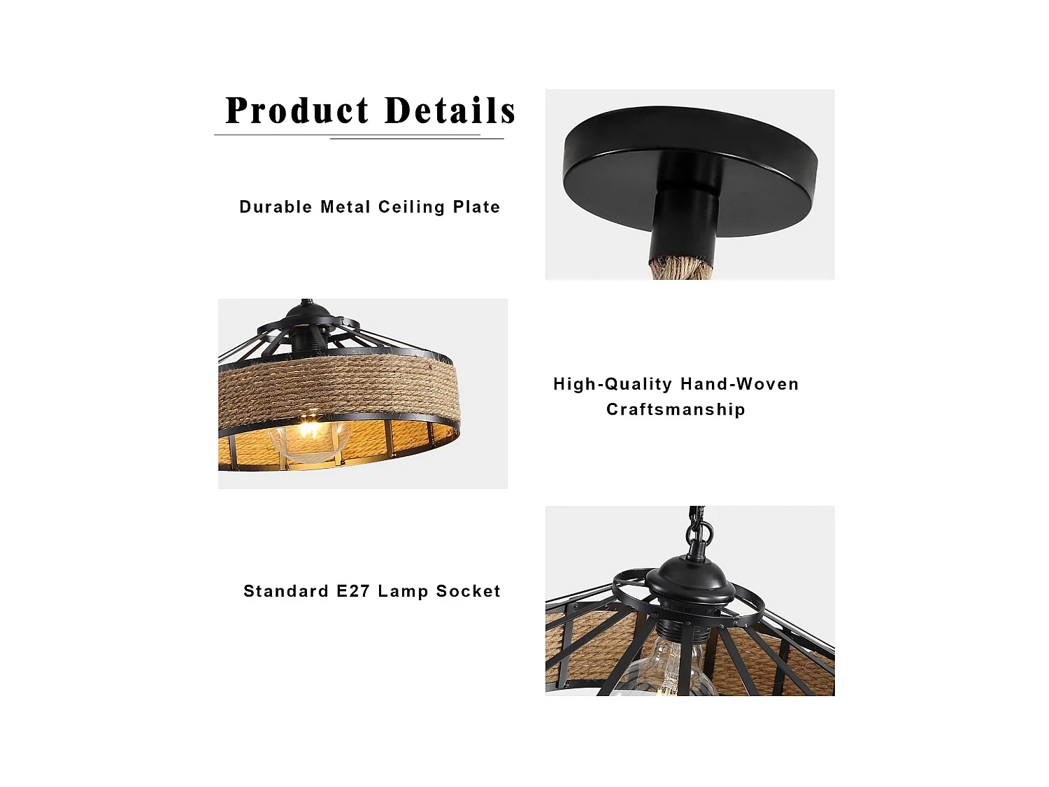 Lustre en rotin, lustre style industriel E27, plafonnier en corde de chanvre, plafonnier en métal, lustre de salon rétro, lustre de chambre (30 cm)