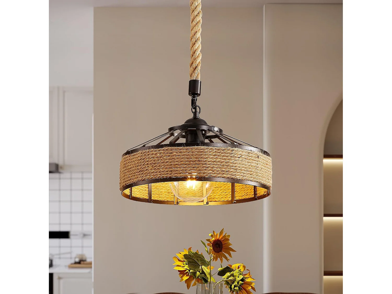 Lustre en rotin, lustre style industriel E27, plafonnier en corde de chanvre, plafonnier en métal, lustre de salon rétro, lustre de chambre (30 cm)