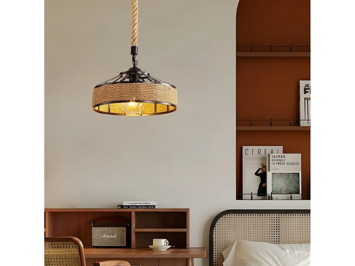 Lustre en rotin, lustre style industriel E27, plafonnier en corde de chanvre, plafonnier en métal, lustre de salon rétro, lustre de chambre (30 cm)