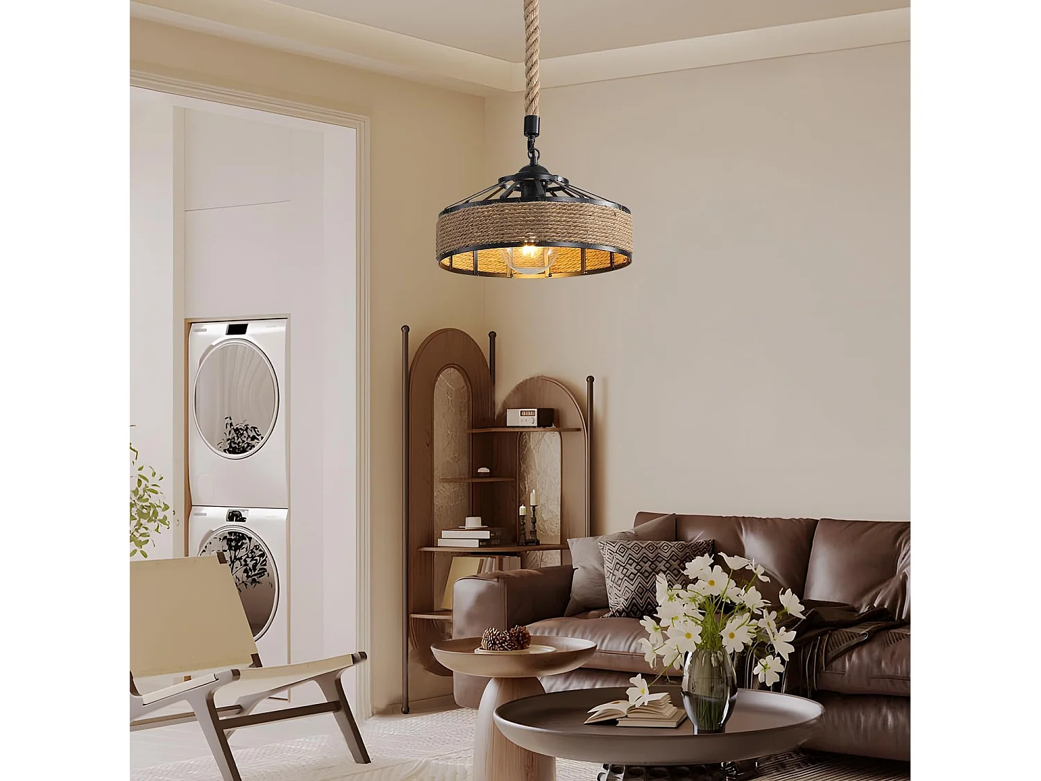 Lustre en rotin, lustre style industriel E27, plafonnier en corde de chanvre, plafonnier en métal, lustre de salon rétro, lustre de chambre (30 cm)