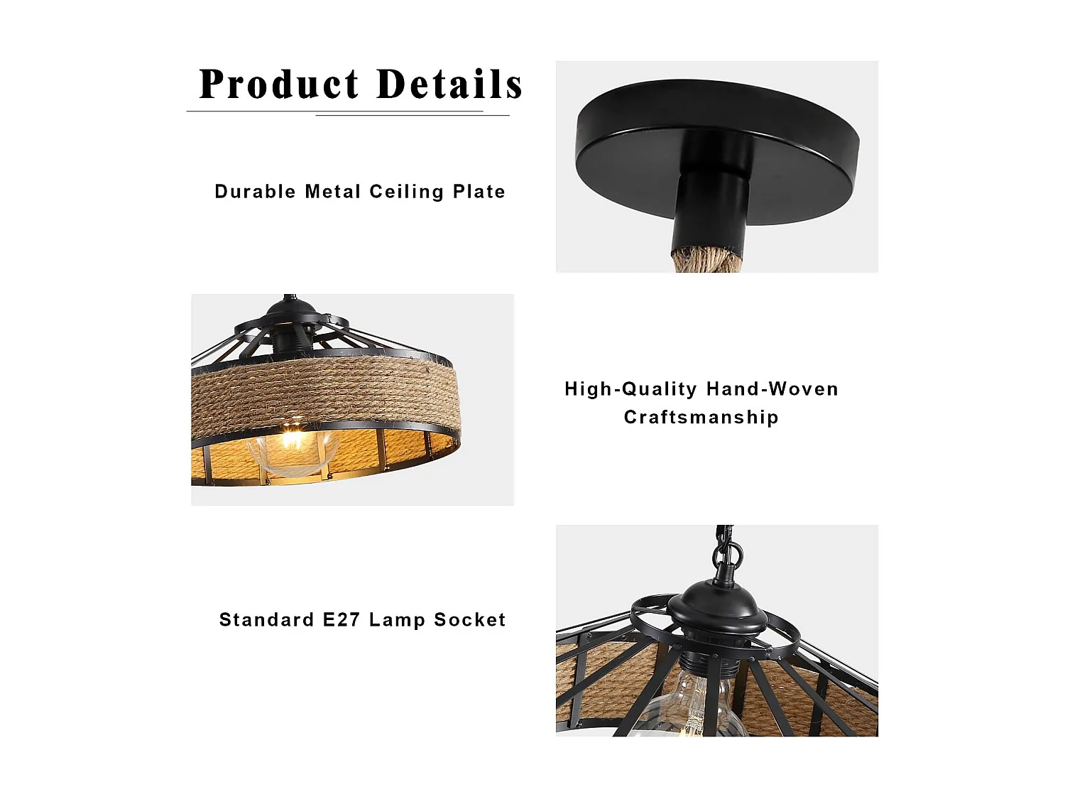 Lustre en rotin, lustre style industriel E27, plafonnier en corde de chanvre, plafonnier en métal, lustre de salon rétro, lustre de chambre (30 cm)