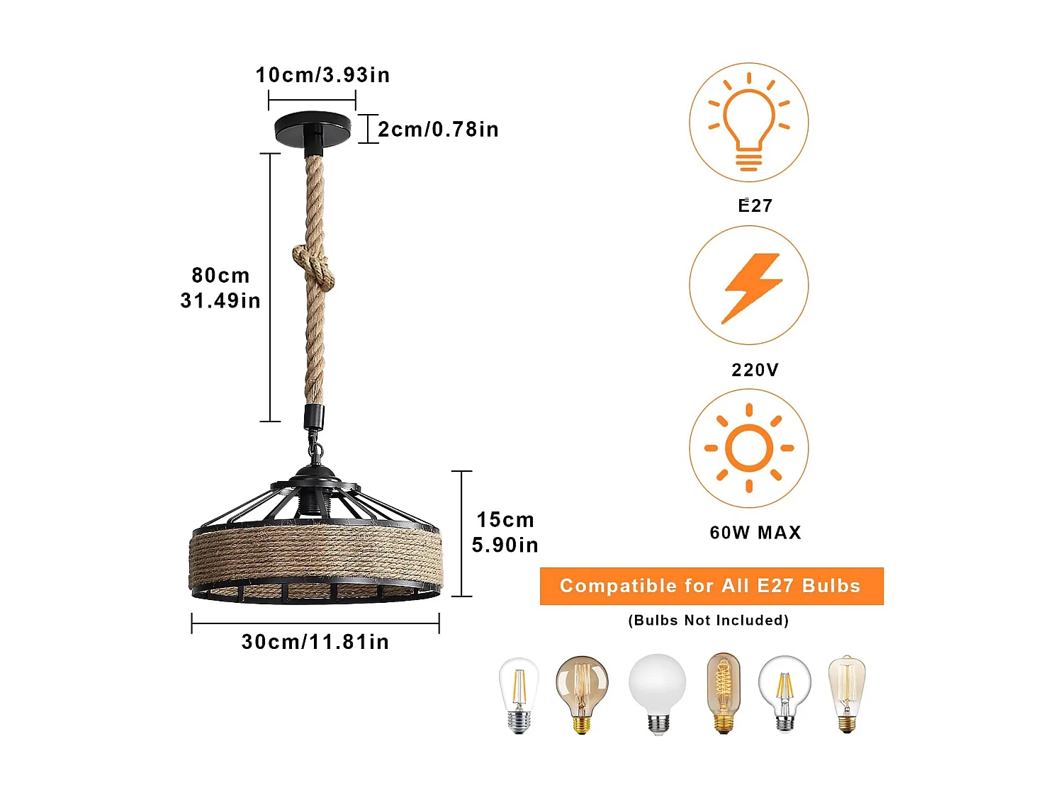 Lustre en rotin, lustre style industriel E27, plafonnier en corde de chanvre, plafonnier en métal, lustre de salon rétro, lustre de chambre (30 cm)