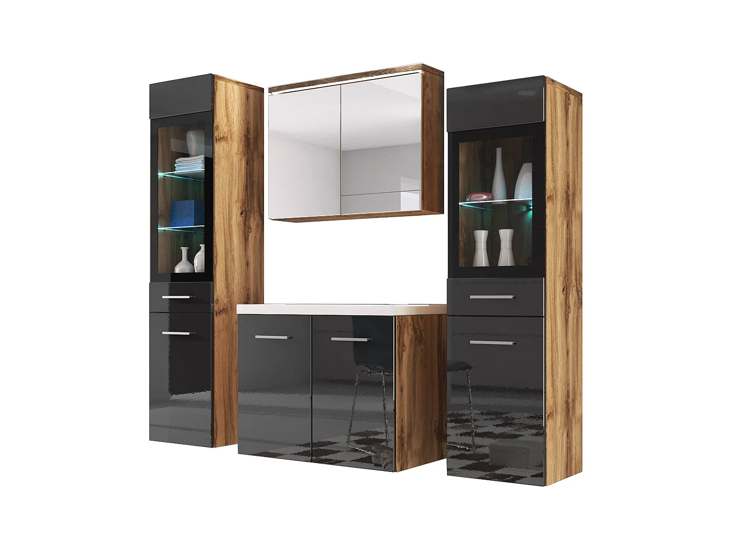 MINIO go for it, Meuble de salle de bain MARIT II en chêne wotan/brillant noir, avec éclairage LED