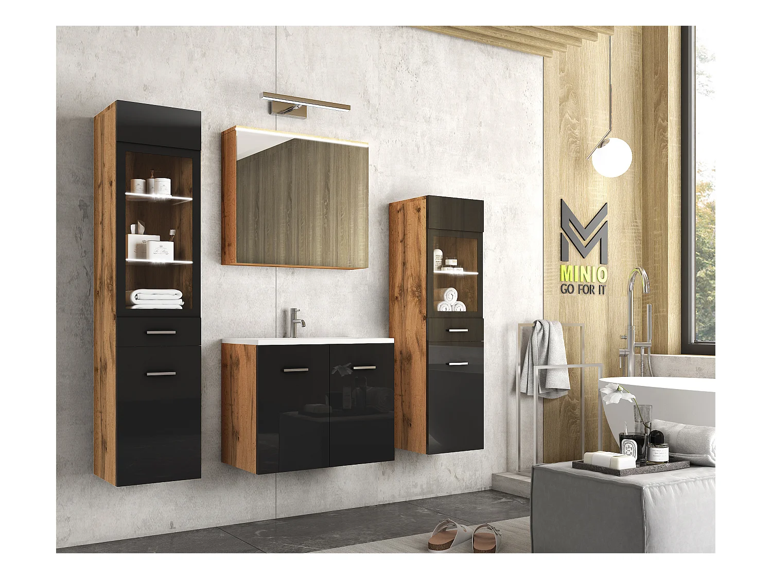 MINIO go for it, Meuble de salle de bain MARIT II en chêne wotan/brillant noir, avec éclairage LED