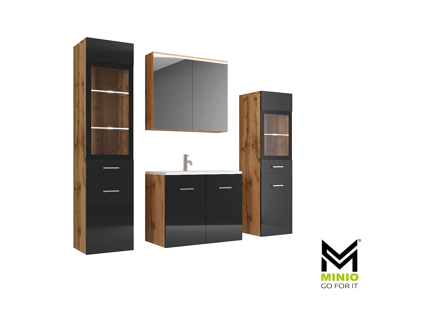 MINIO go for it, Meuble de salle de bain MARIT II en chêne wotan/brillant noir, avec éclairage LED