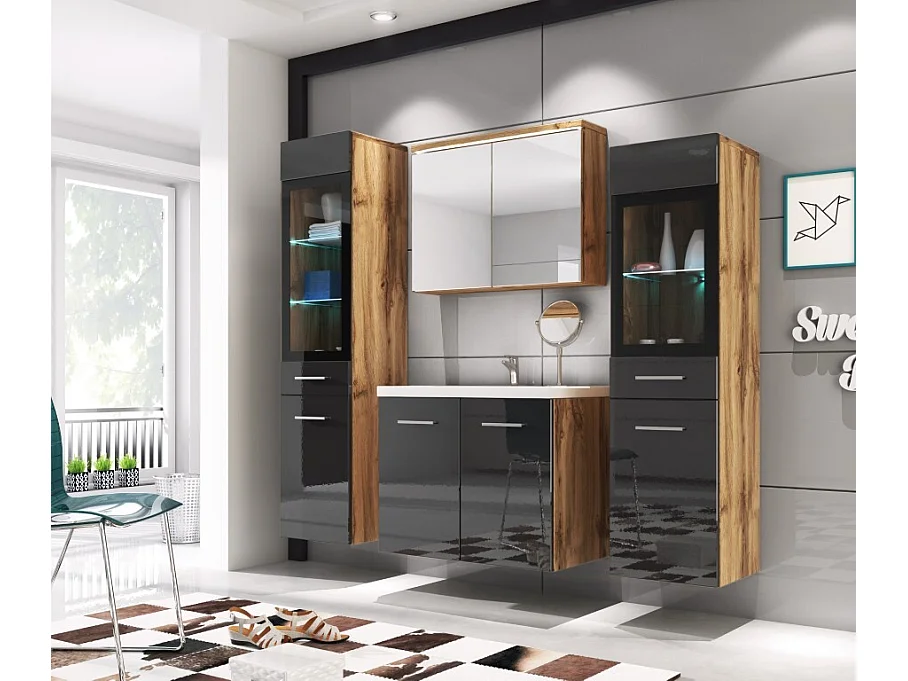 MINIO go for it, Meuble de salle de bain MARIT II en chêne wotan/brillant noir, avec éclairage LED