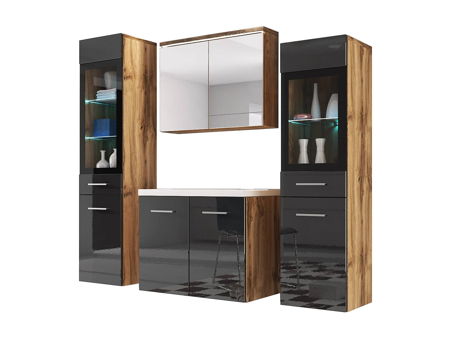 MINIO go for it, Meuble de salle de bain MARIT II en chêne wotan/brillant noir, avec éclairage LED