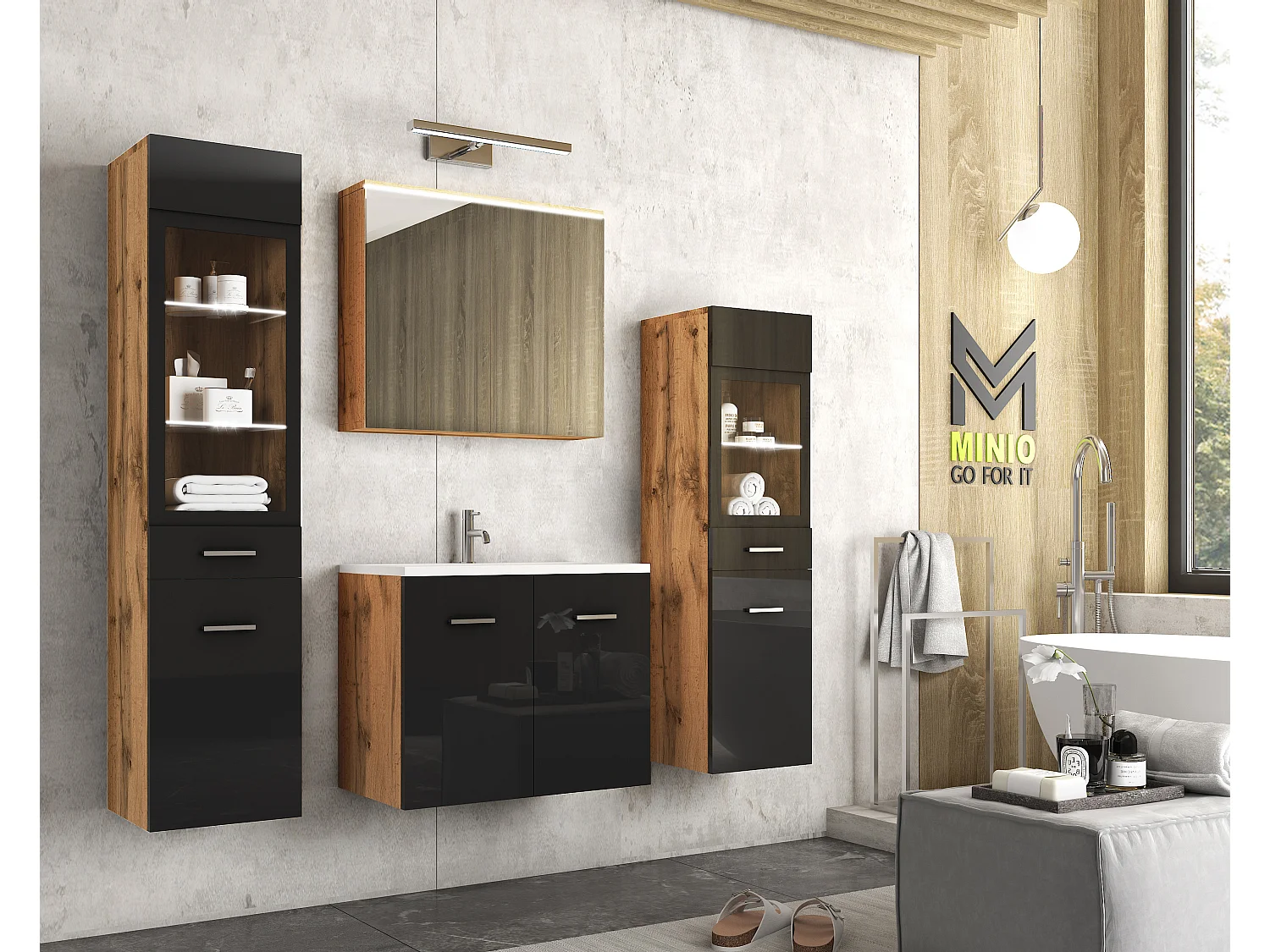 MINIO go for it, Meuble de salle de bain MARIT II en chêne wotan/brillant noir, avec éclairage LED