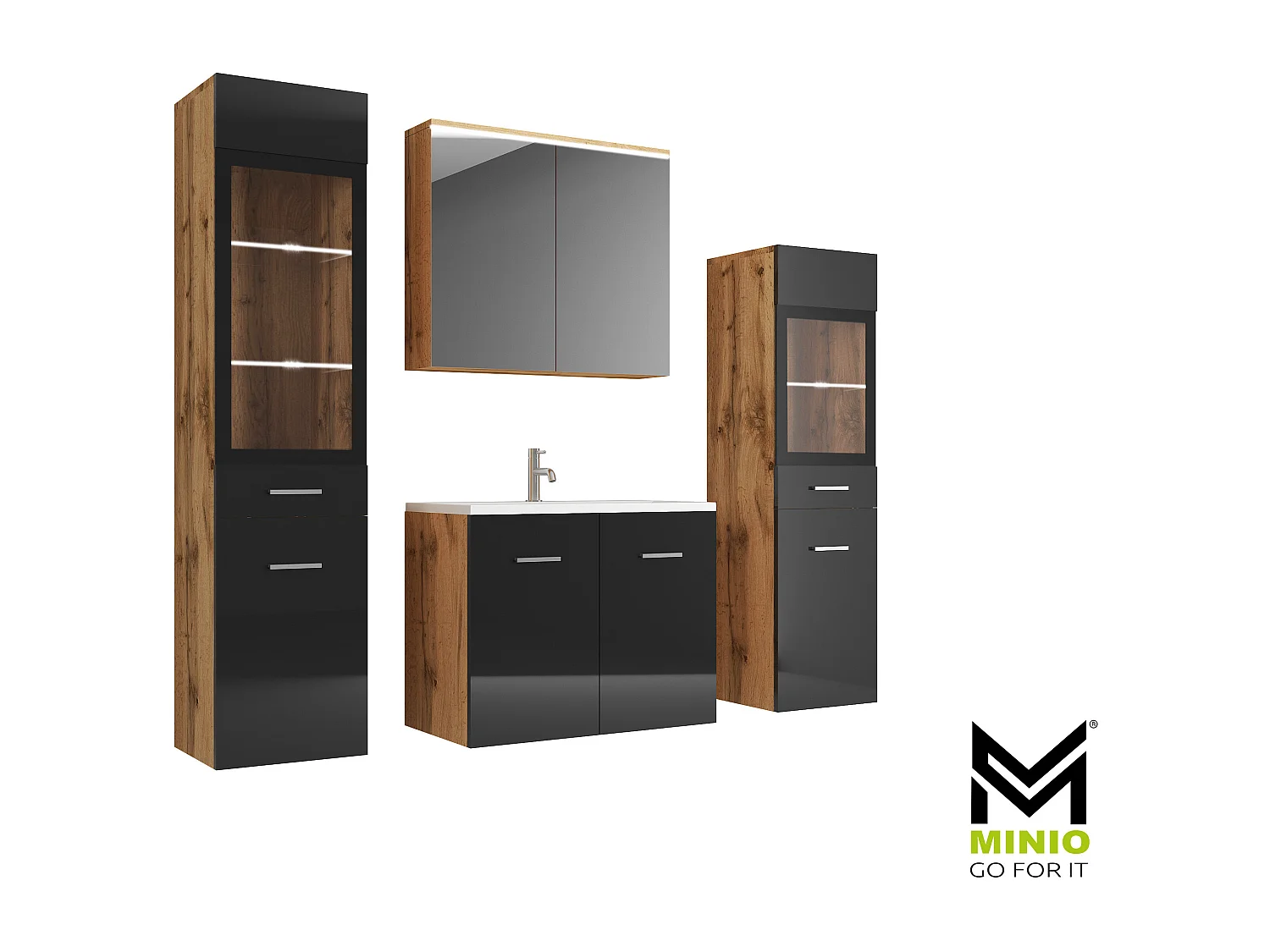 MINIO go for it, Meuble de salle de bain MARIT II en chêne wotan/brillant noir, avec éclairage LED