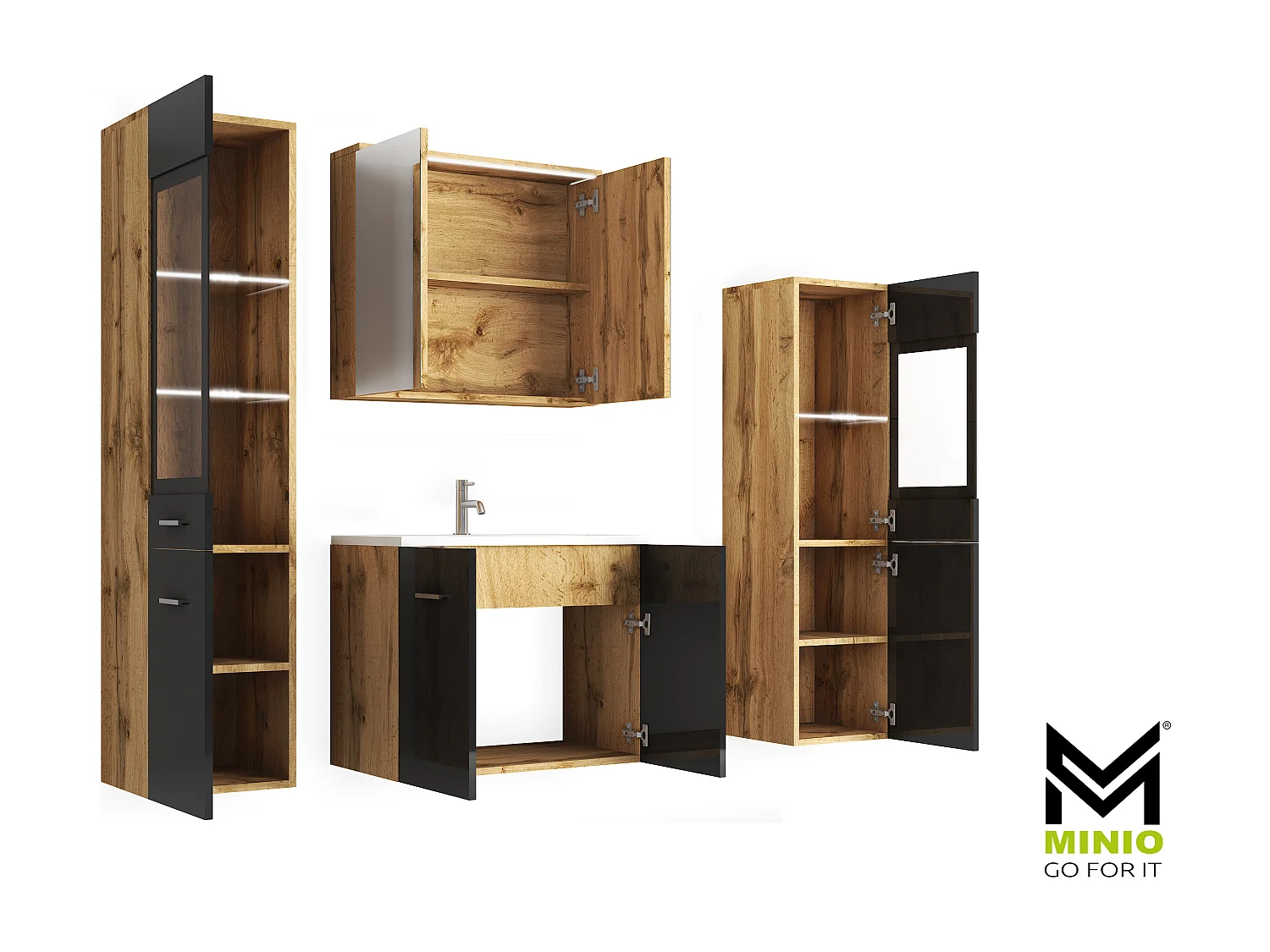 MINIO go for it, Meuble de salle de bain MARIT II en chêne wotan/brillant noir, avec éclairage LED