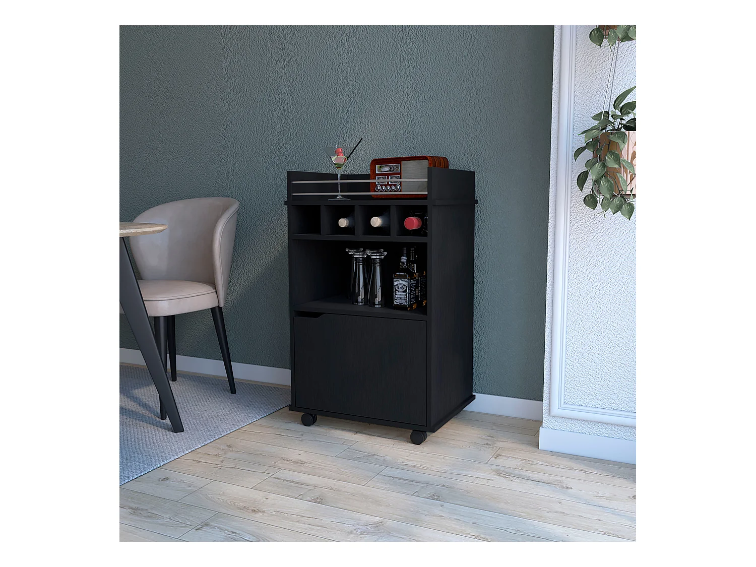 TUHOME Chariot de Bar Crozier, avec 1 porte, 1 étagère et quatre porte-bouteilles intégrés