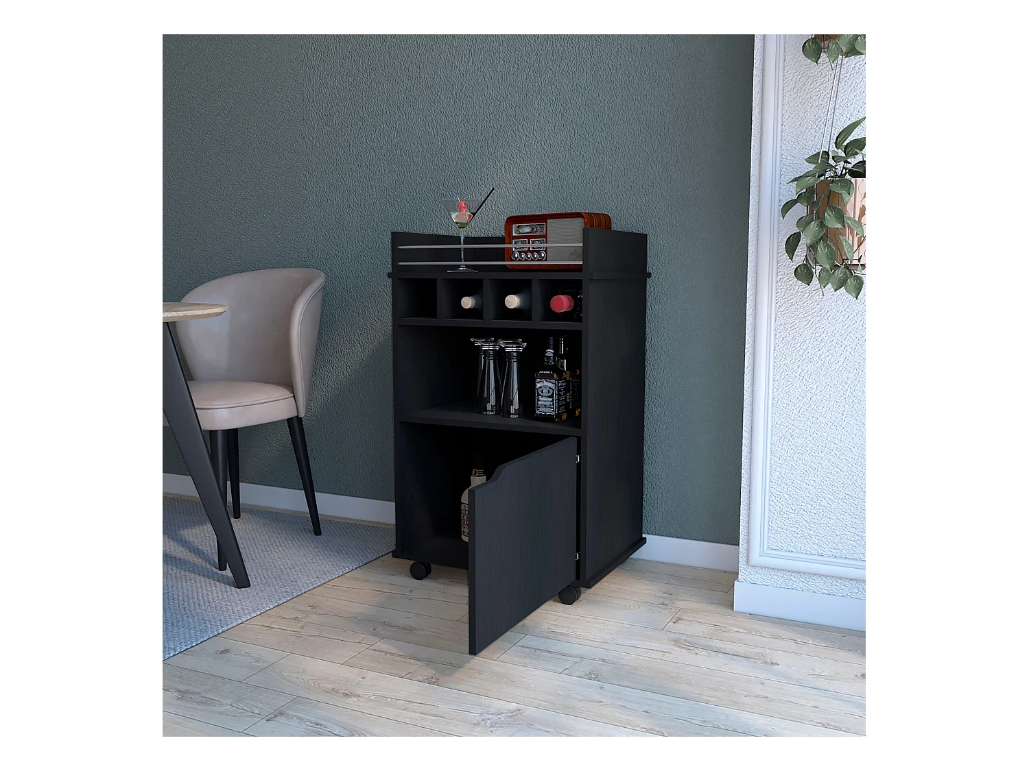 TUHOME Chariot de Bar Crozier, avec 1 porte, 1 étagère et quatre porte-bouteilles intégrés