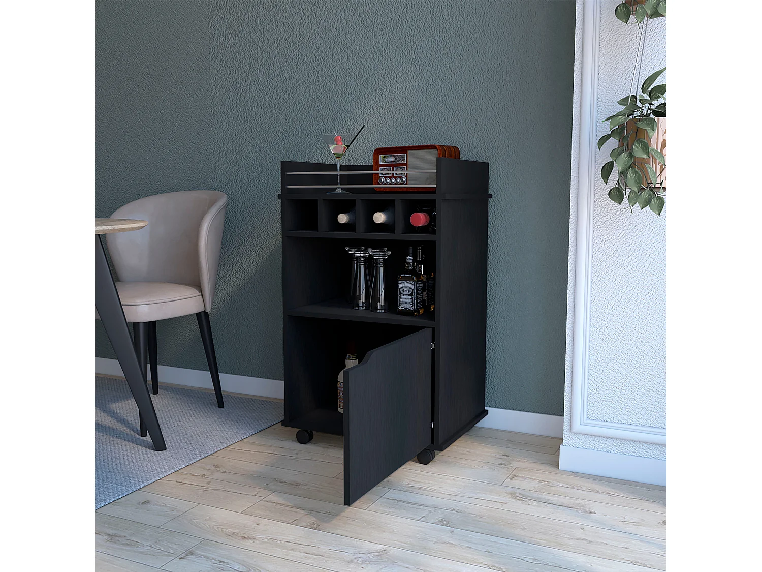TUHOME Carrinho de Bar Crozier, com 1 porta, 1 prateleira e quatro porta-garrafas integrados