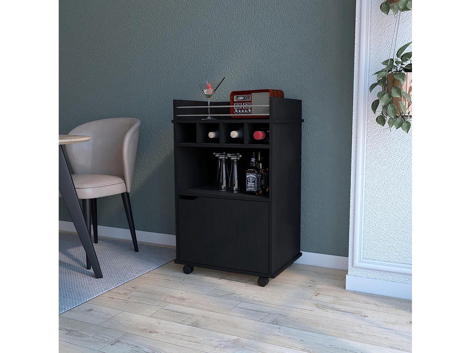 TUHOME Chariot de Bar Crozier, avec 1 porte, 1 étagère et quatre porte-bouteilles intégrés