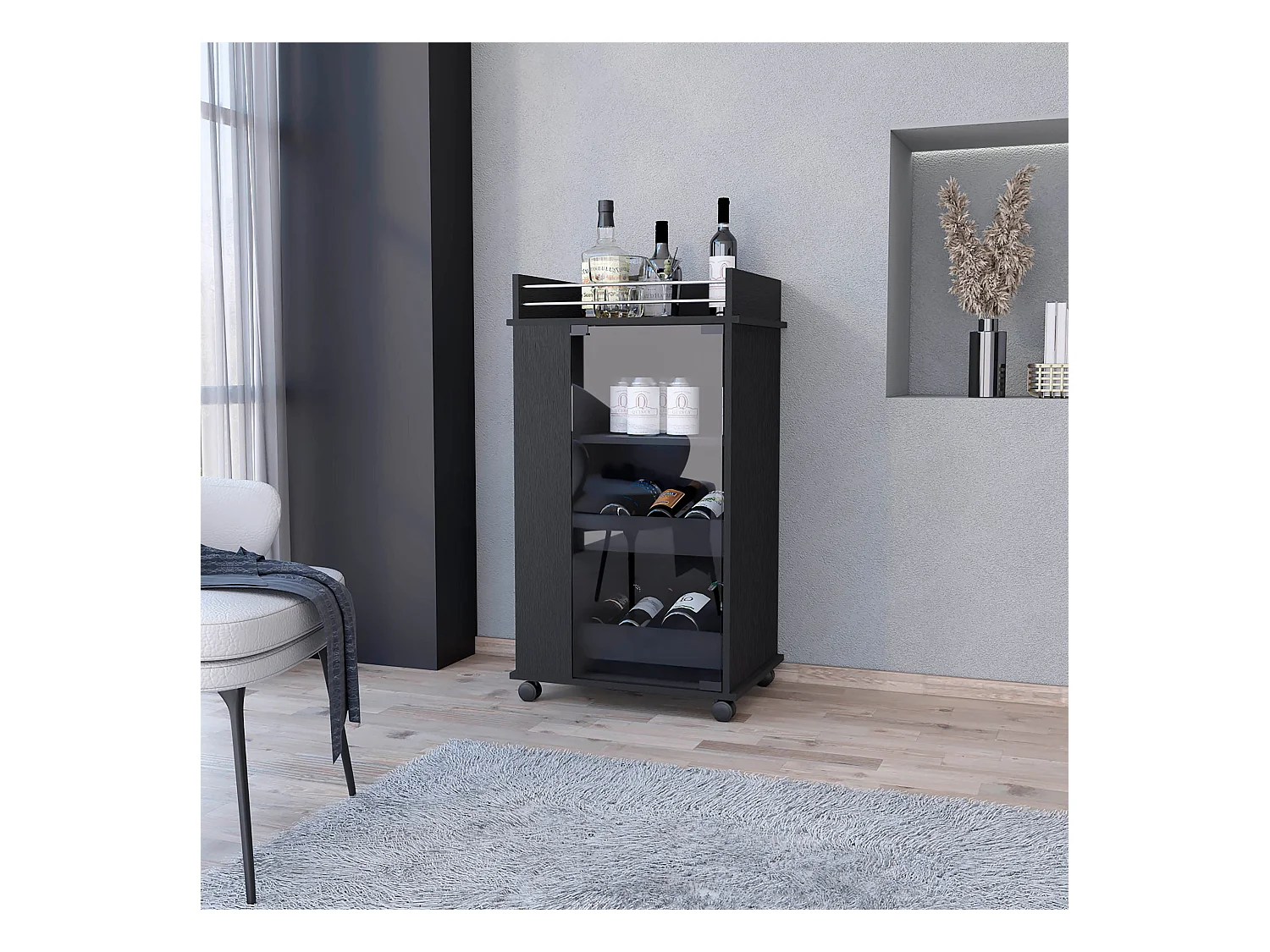 TUHOME Chariot de Bar Lusk avec Étagère pour 2 Bouteilles, Porte en Verre et Roulettes Pivotantes, Noir