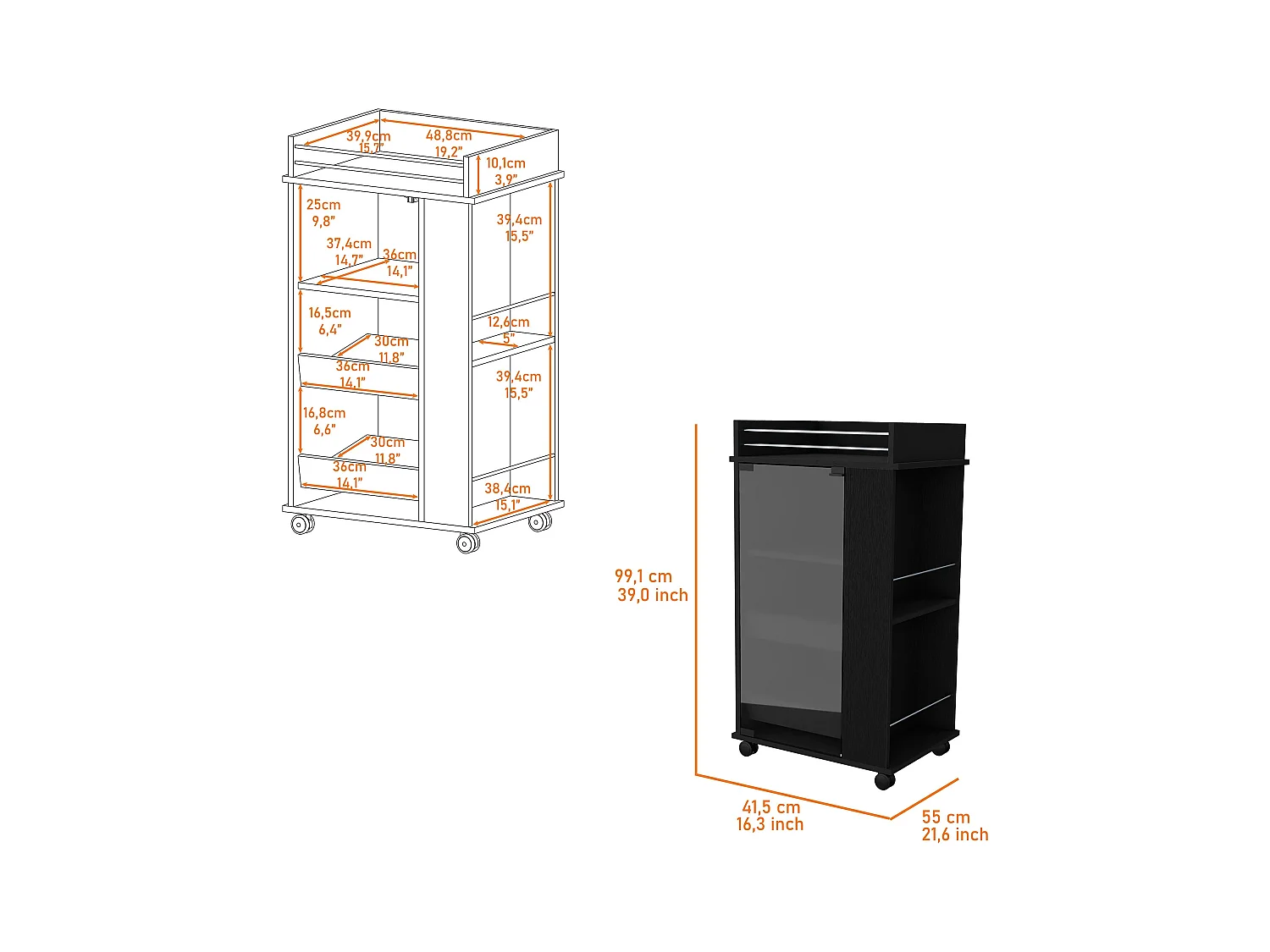 TUHOME Chariot de Bar Lusk avec Étagère pour 2 Bouteilles, Porte en Verre et Roulettes Pivotantes, Noir