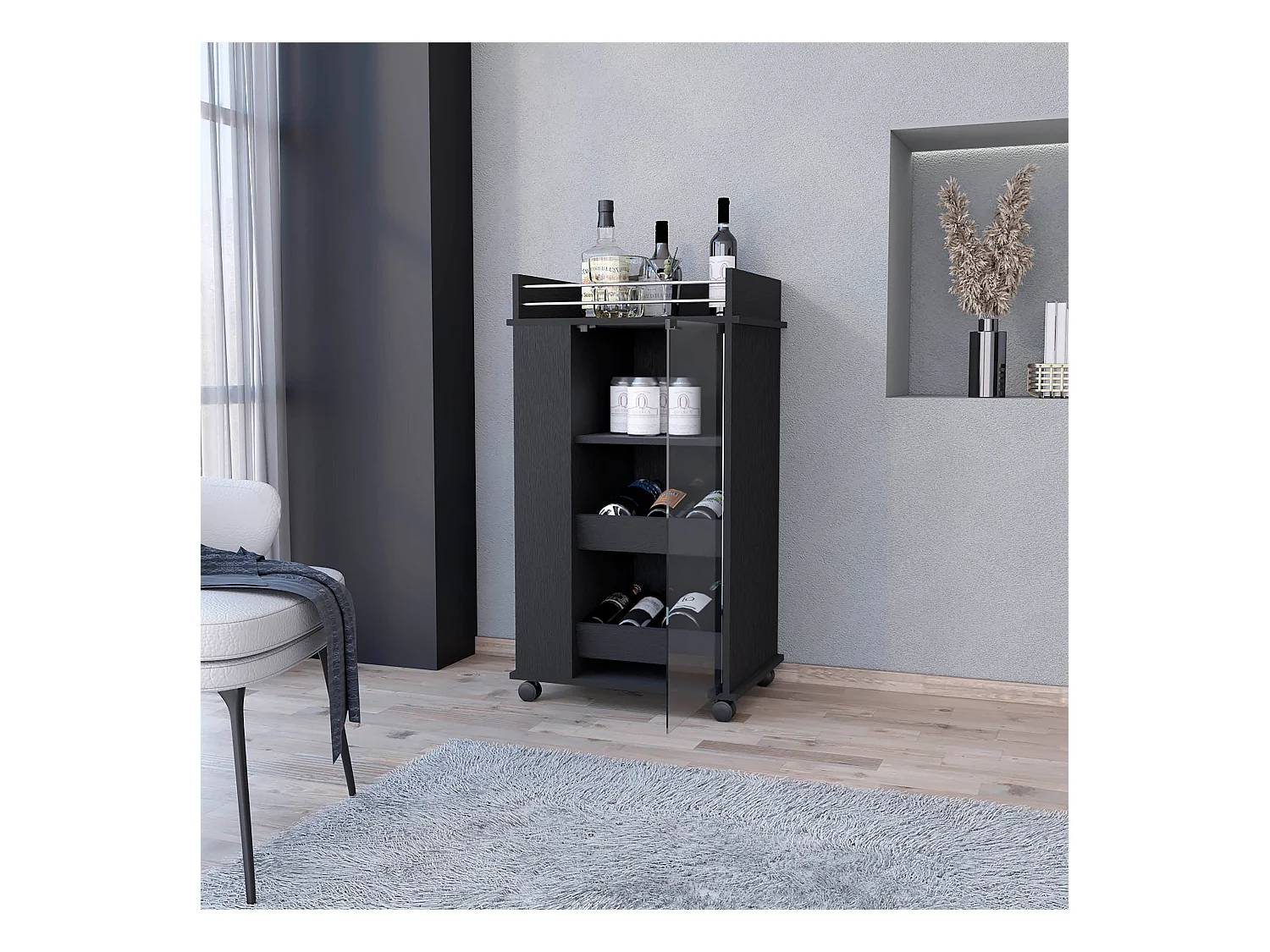 TUHOME Chariot de Bar Lusk avec Étagère pour 2 Bouteilles, Porte en Verre et Roulettes Pivotantes, Noir