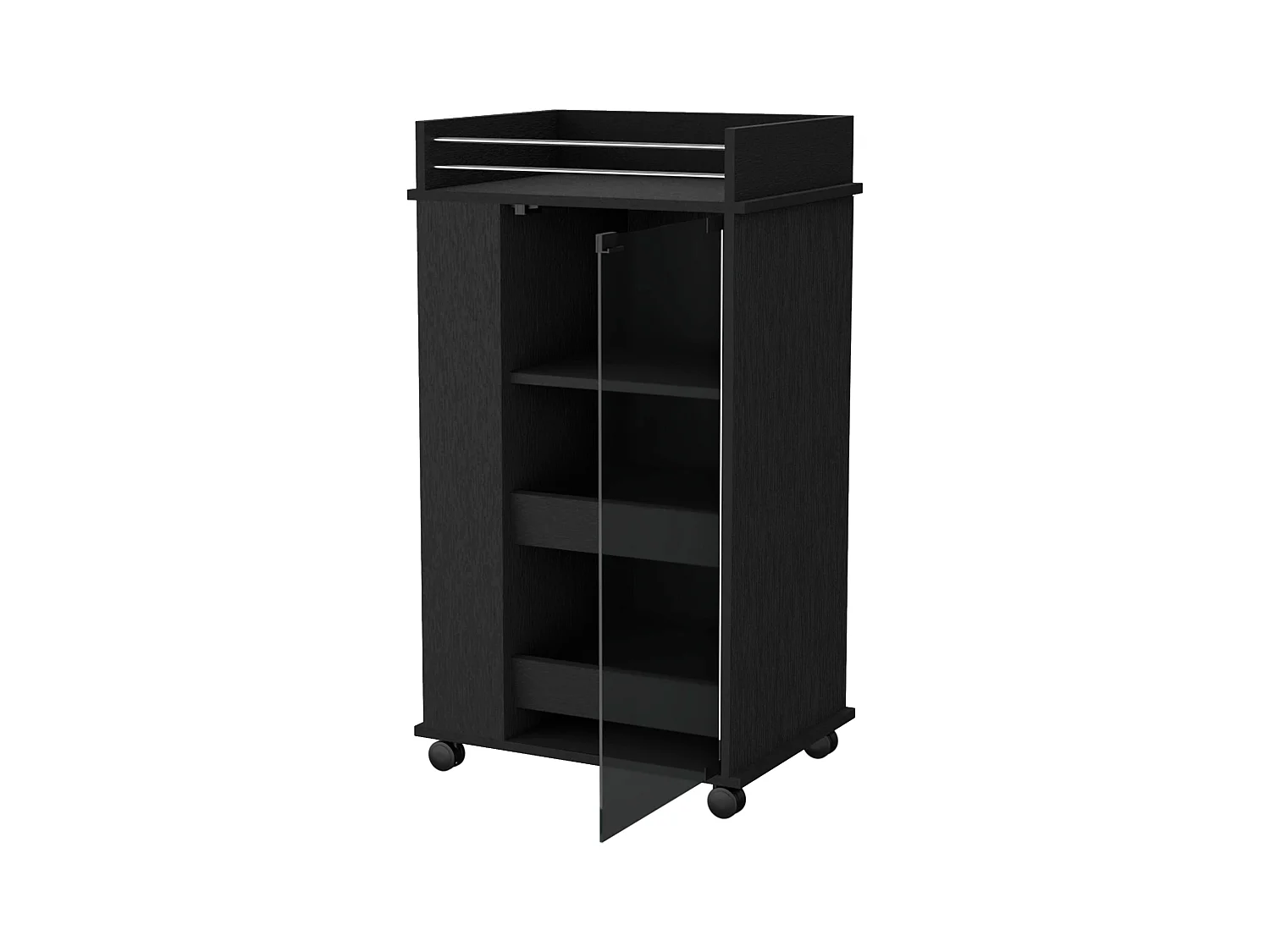 TUHOME Carrinho de Bar Lusk com Prateleira para 2 Garrafas, Porta de Vidro e Rodas Giratórias, Preto