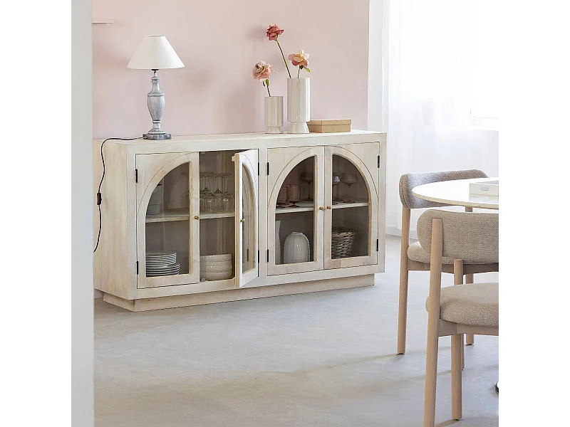 Buffet vitré en bois de manguier blanchi Miliam