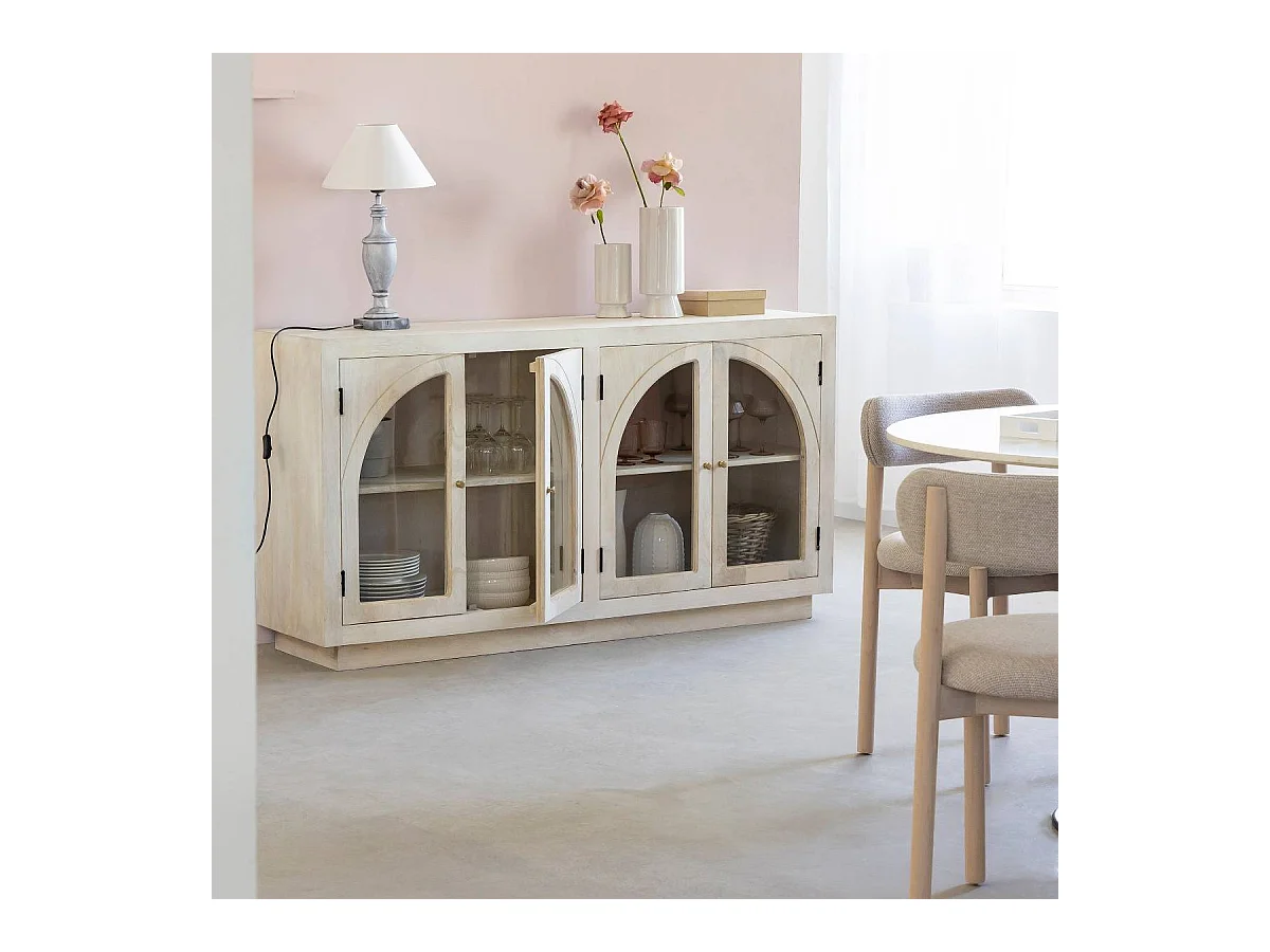 Buffet vitré en bois de manguier blanchi Miliam