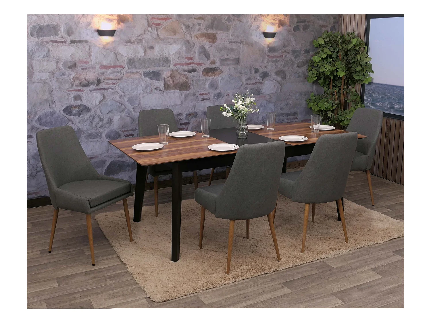 Set di 6 sedie da pranzo MCW-O27, poltroncina cucina imbottita, tessuto (280g/m²) acciaio effetto legno ~ grigio scuro