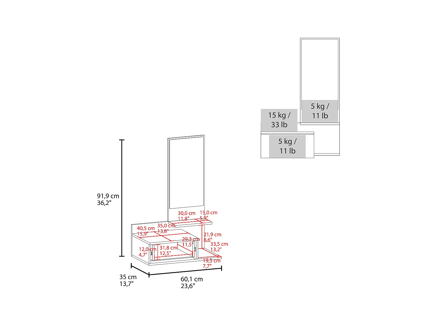 TUHOME Meuble flottant Elgin avec miroir inclus, noir
