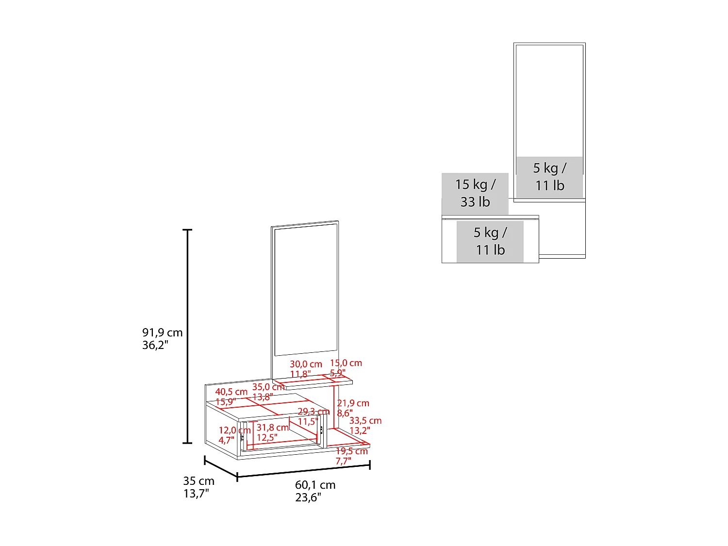 TUHOME Mobile sospeso Elgin con specchio incluso, nero