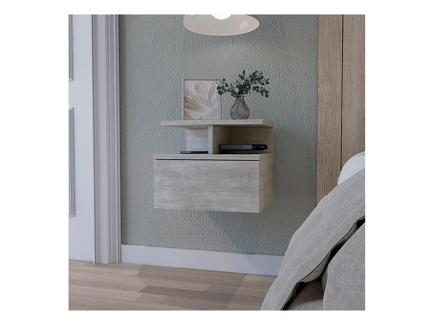 TUHOME Table de Nuit Murale Augusta avec Étagère à 2 Niveaux et 1 Tiroir, Gris