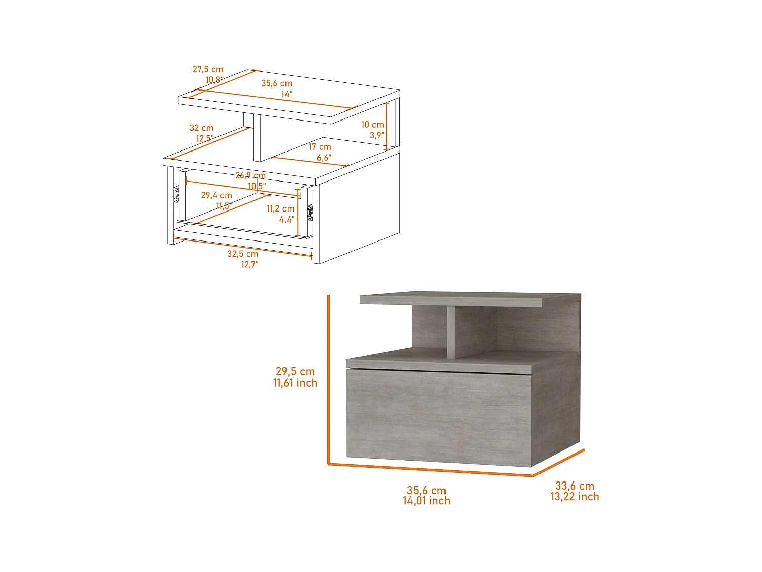 TUHOME Table de Nuit Murale Augusta avec Étagère à 2 Niveaux et 1 Tiroir, Gris