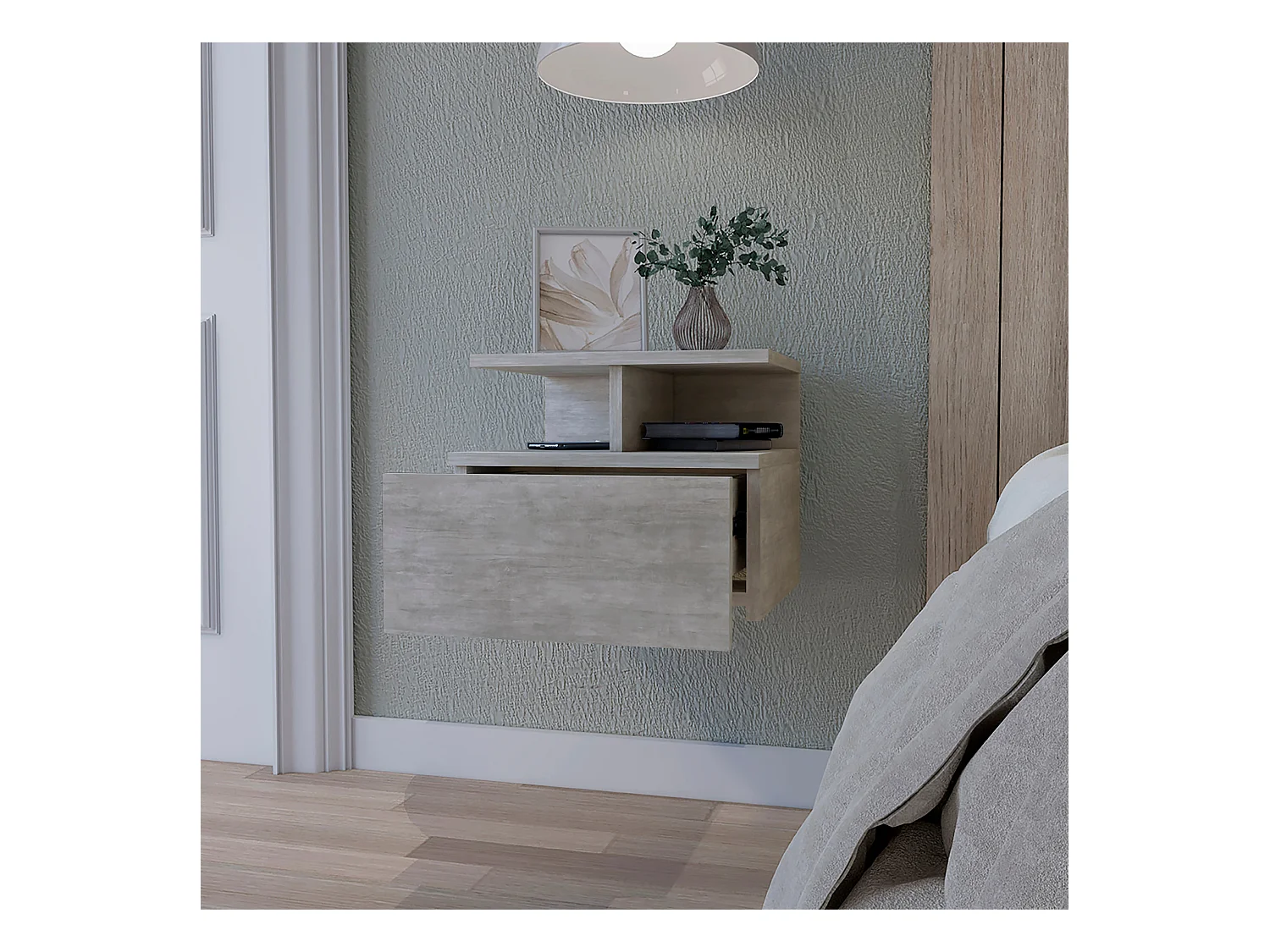 TUHOME Table de Nuit Murale Augusta avec Étagère à 2 Niveaux et 1 Tiroir, Gris