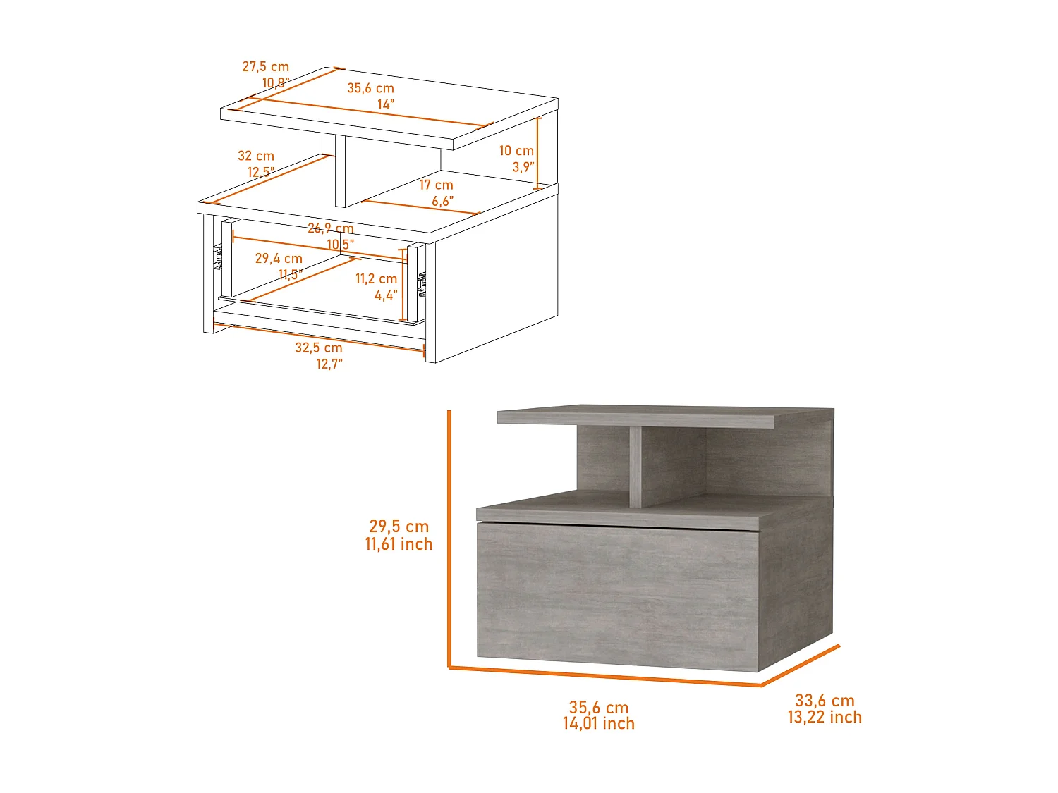 TUHOME Comodino Sospeso Augusta con Ripiano a 2 Livelli e 1 Cassetto, Grigio